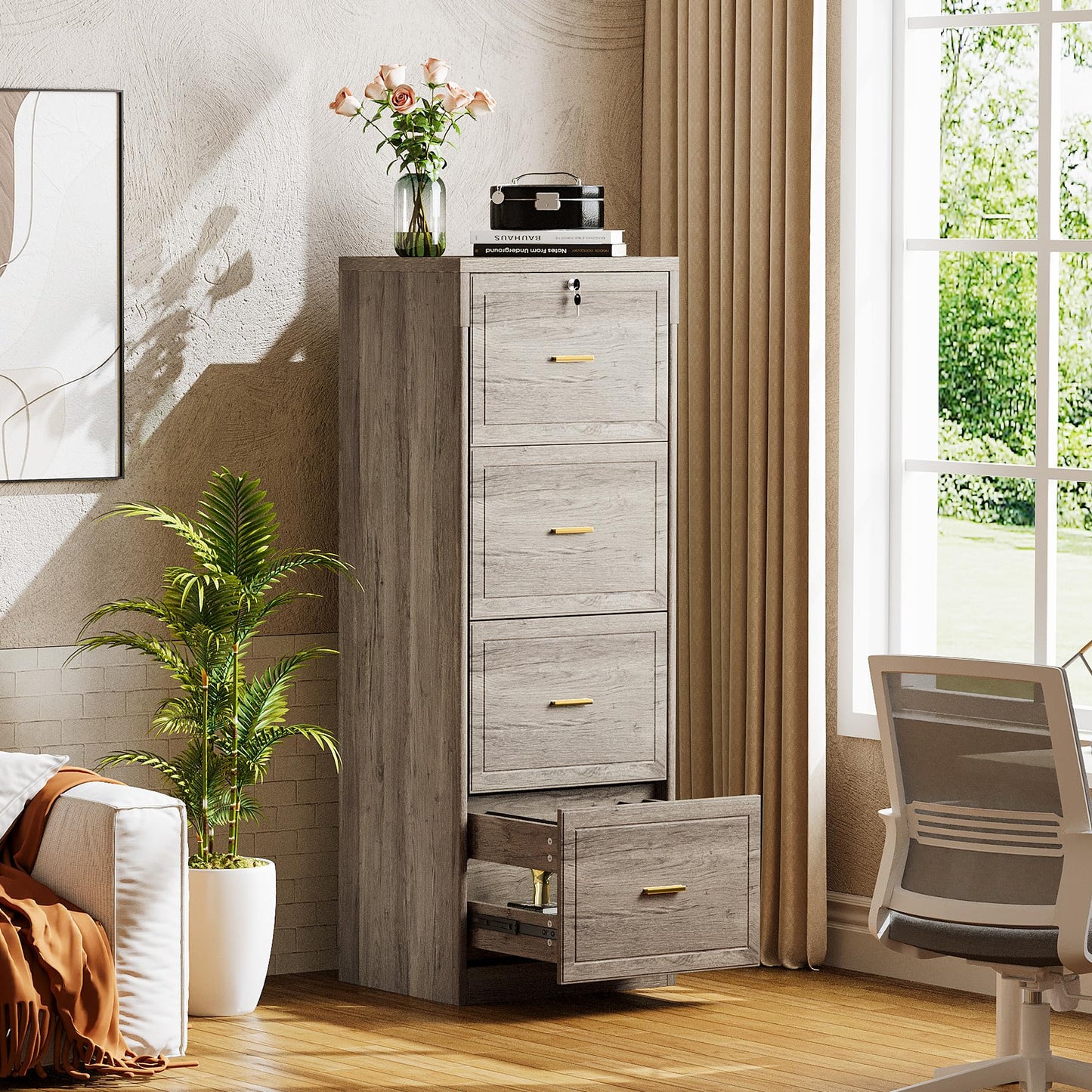 Tribesigns 4-Drawer File Cabinet with Lock, Locked File Cabinet with Key, Tall Wooden Filing Cabinets for Home Office, Vertical Office Storage for Legal Size/Letter/A4/Files, Grey