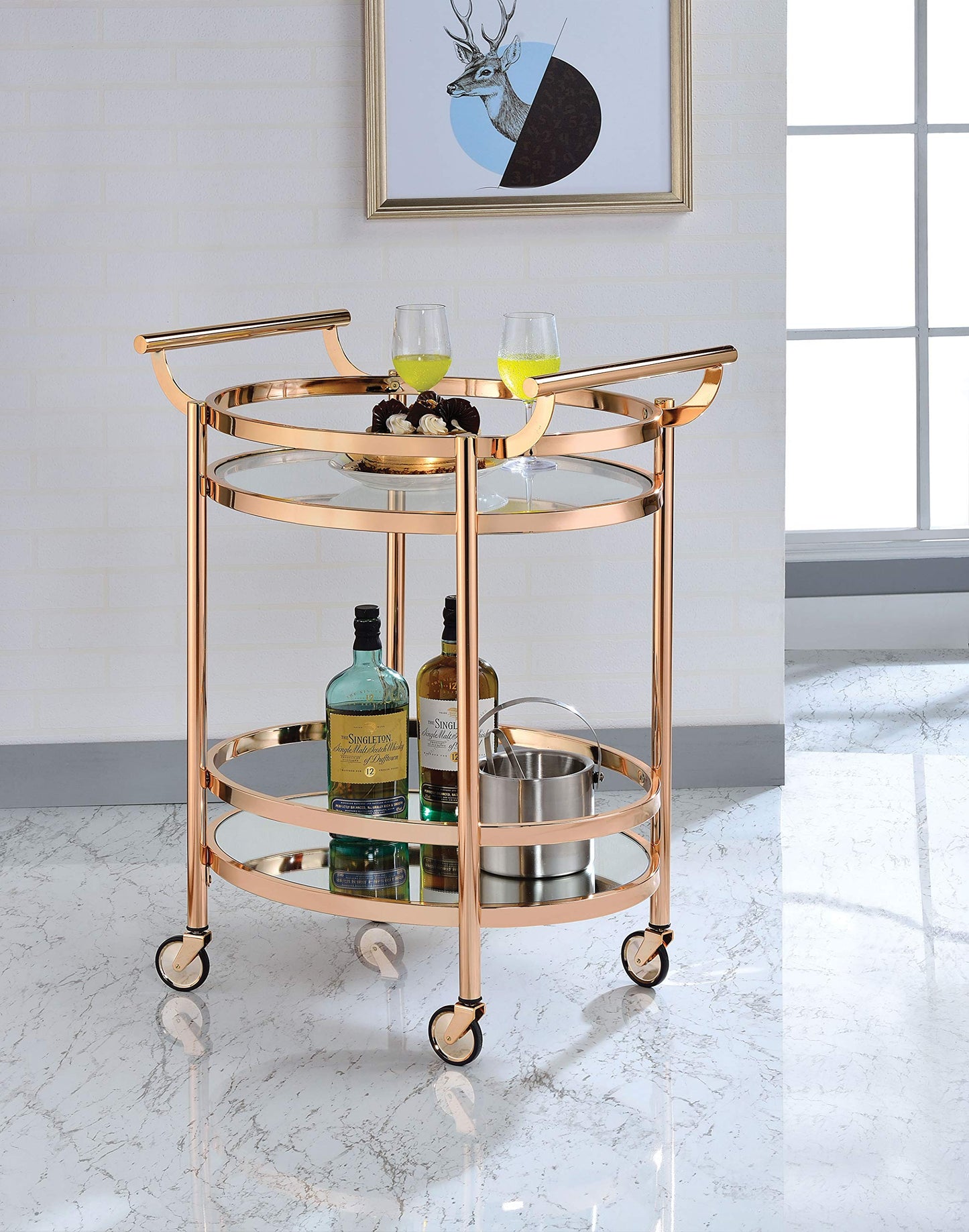 Ergode Lakelyn Rose Gold & Clear Glass Serving Cart - Oval, 2 Shelves, 5mm Tempered Glass Top, Mirror Bottom, Metal Frame & Handles, Caster Wheels