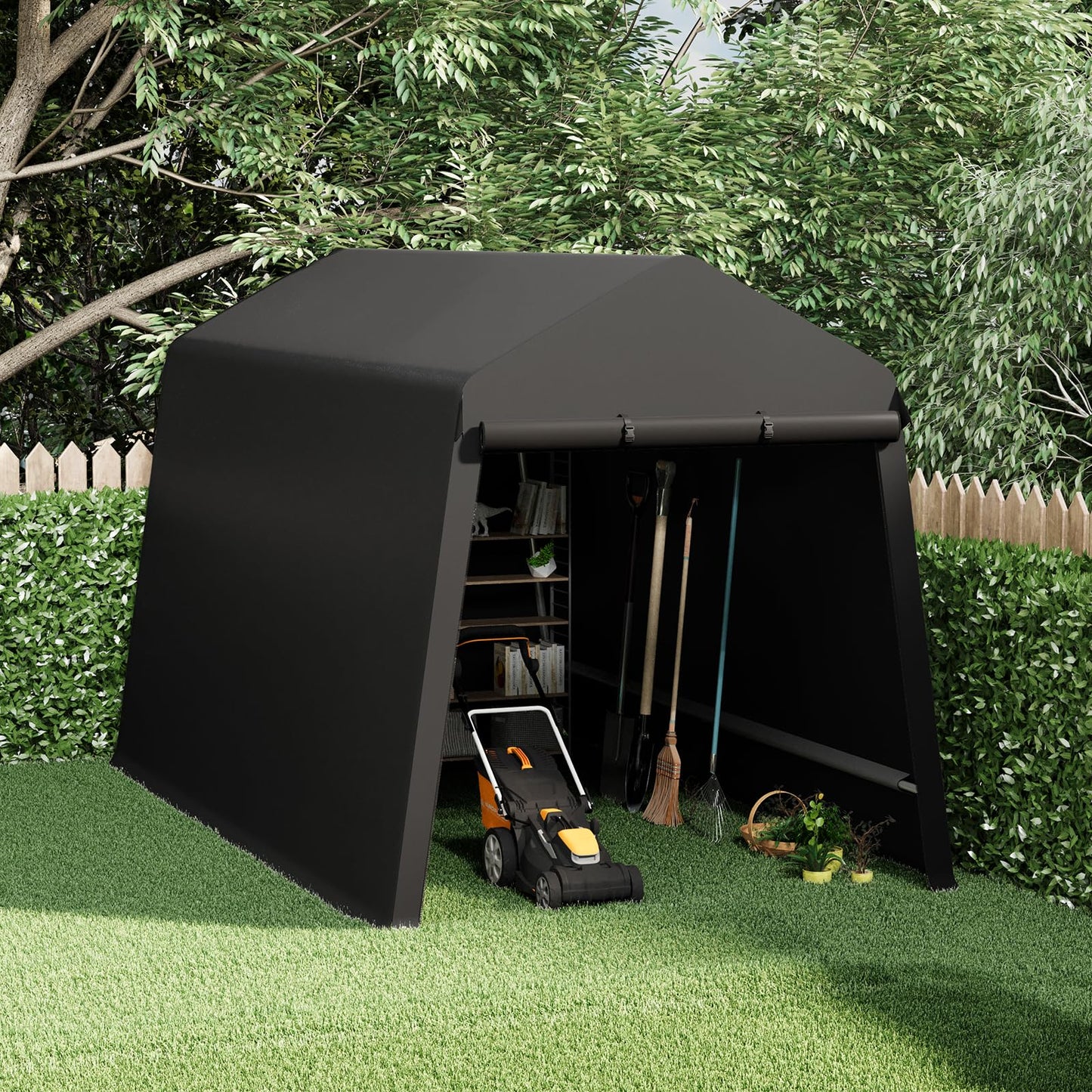 7x12 FT Heavy-Duty Portable Garage, Outdoor Storage Shelter Shed with Zipper Doors - Waterproof UV Resistant Carport Tent for Motorcycle, ATV, Lawn Equipment,Black