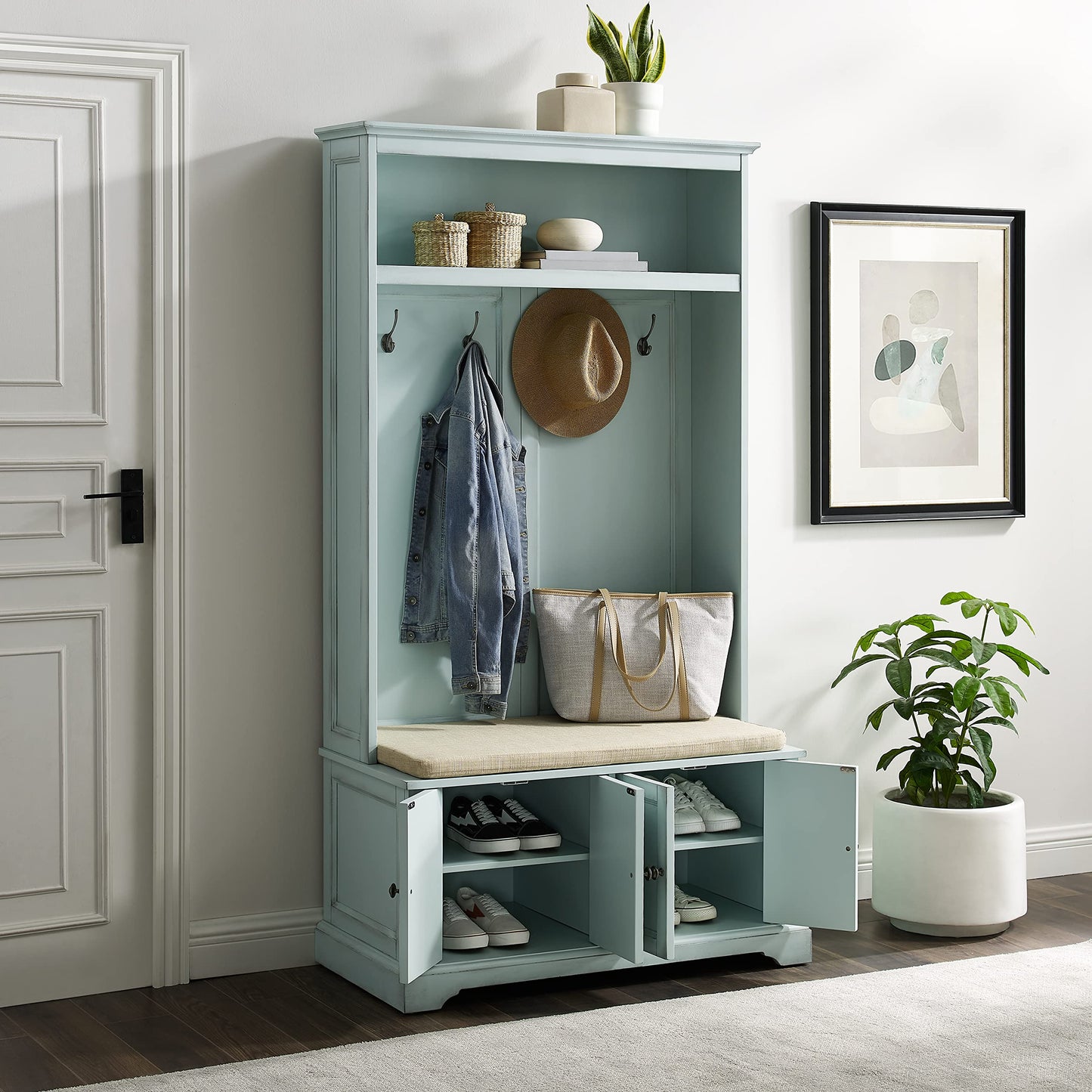 Crosley Furniture Holbrook Hall Tree with Shoe Rack Bench and Coat Hooks for Hanging Storage, Distressed Seafoam Blue