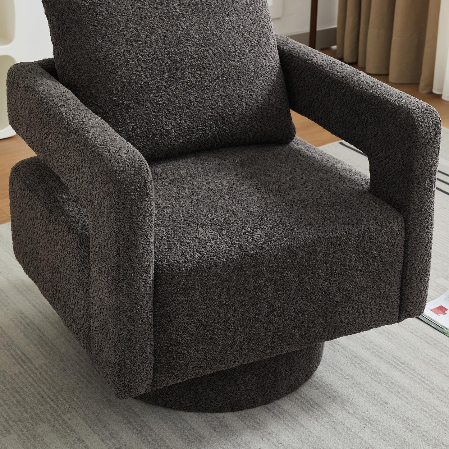 GDFStudio 29.13" Swivel Accent Chair, Modern Boucle Upholstered Armchair with Open Back, 360° Rotating Lounge Club Chair with Removable Cushion for Living Room Bedroom Hotel Office Seating, Charcoal