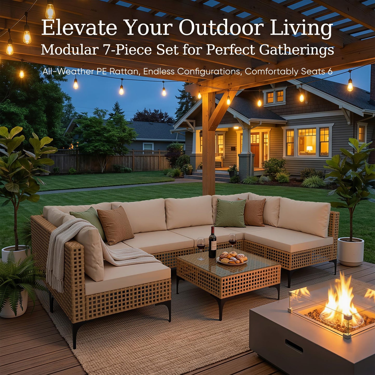 Devoko Patio Furniture Set,7 Pieces Outdoor Wicker Sectional Couch with Thick Cushions &Glass Tabletop, PE Rattan Backyard Conversation Sofa with Coffee Table for Deck, Porch