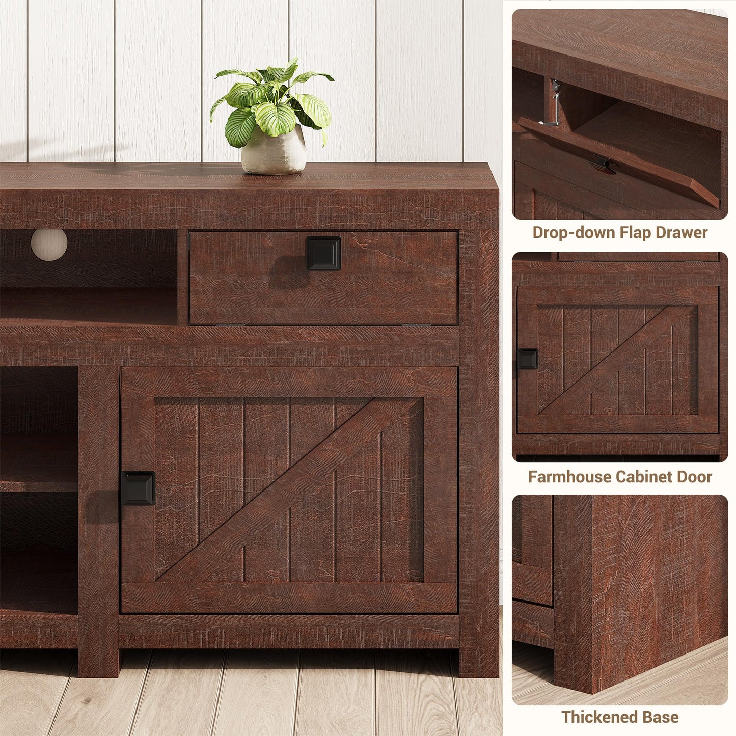 Farmhouse TV Stand for 75/80 Inch TVs, Long Entertainment Center with 4 Storage Drawers & 3 Open Shelf, Television Consoles Stands for Living Room, Bedroom