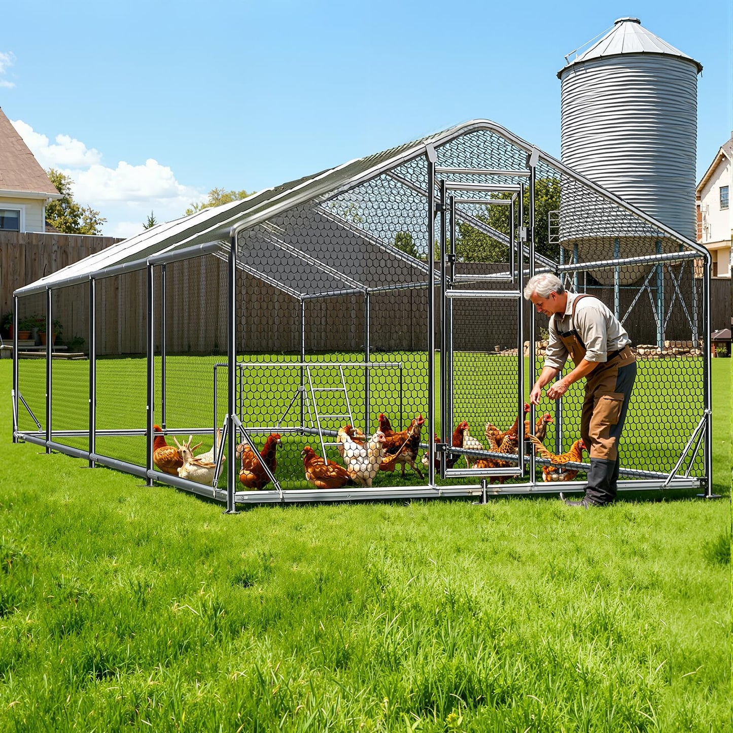 10x26FT Large Metal Chicken Coop, Dutch Door Chicken Run with Waterproof Cover and Chicken Wire, Walk in Chicken Coop for Hen House, Duck Coop and Rabbit Run