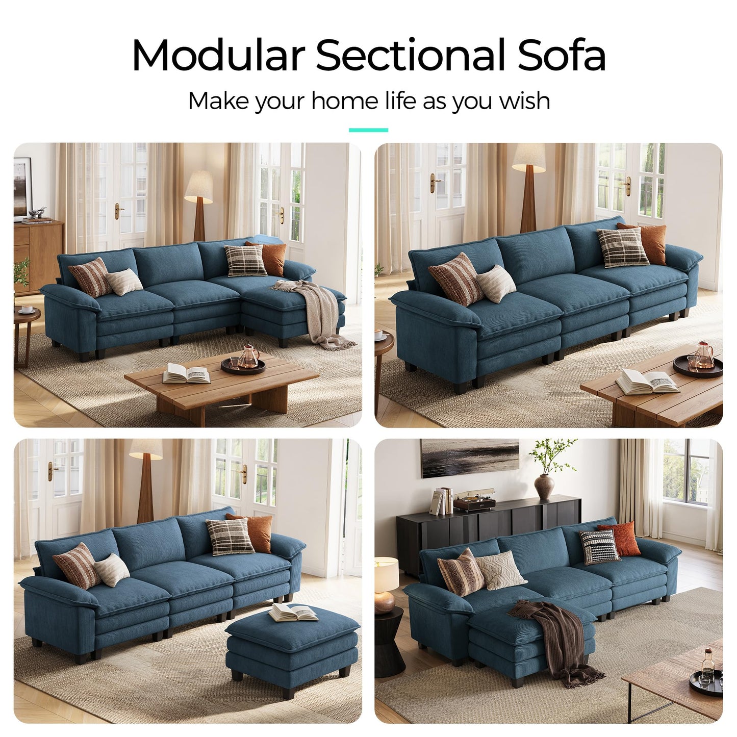 LINSY HOME 123'' Modular Sectional Sofa Blue Couch Corduroy Cloud Couches for Living Room, L Shaped Couch with Movable Ottoman, Modern Cloud Sectional Sofas for Bedroom and Apartment, Blue
