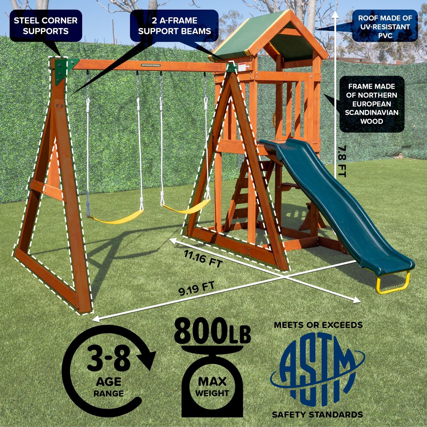 Sportspower Scottsdale Cedar Wood Swing Set: 2 Adjustable Swings, Sandbox, Rock Climber, Covered Deck, 1 Slide - Exceeds ASTM Safety Standards