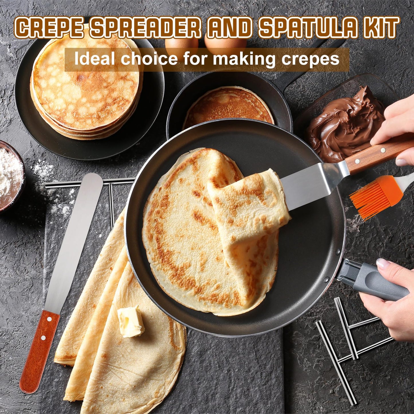 Acellegic 6 Pcs Crepe Spreader and Spatula Kit Stainless Steel 3.5", 5", 7" T-shaped Batter Spreaders, 12" Offset Spatulas 10" Curved Offset Spatulas and Basting Brush for Pancake Cooking Tool(Wood)