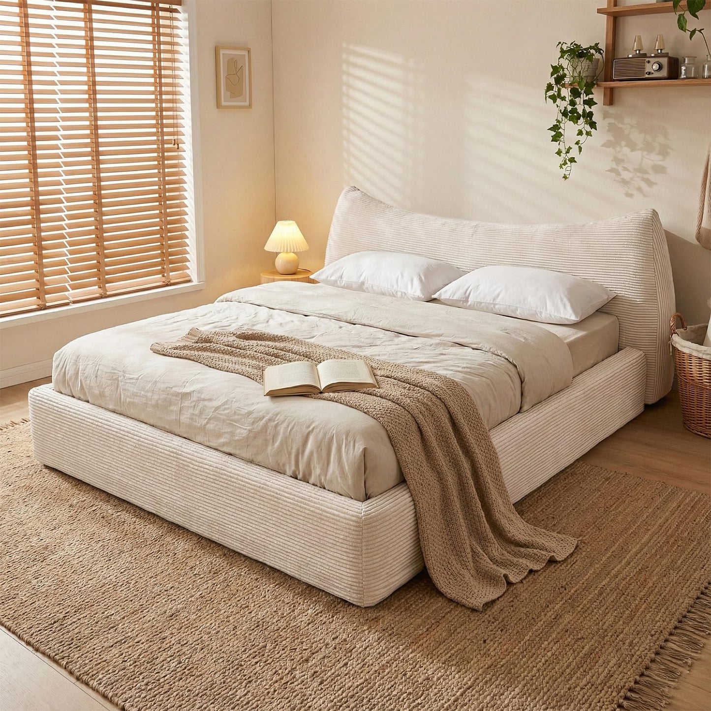 Homkdom Cloud Bed Frame with 9.4" Extra Thick Soft Headboard, Anti-Collision Round Corner Soft Queen Bed Frame for Modern Bedroom,Apartments,Bed Frame Queen Size with No Box Spring Needed,Beige