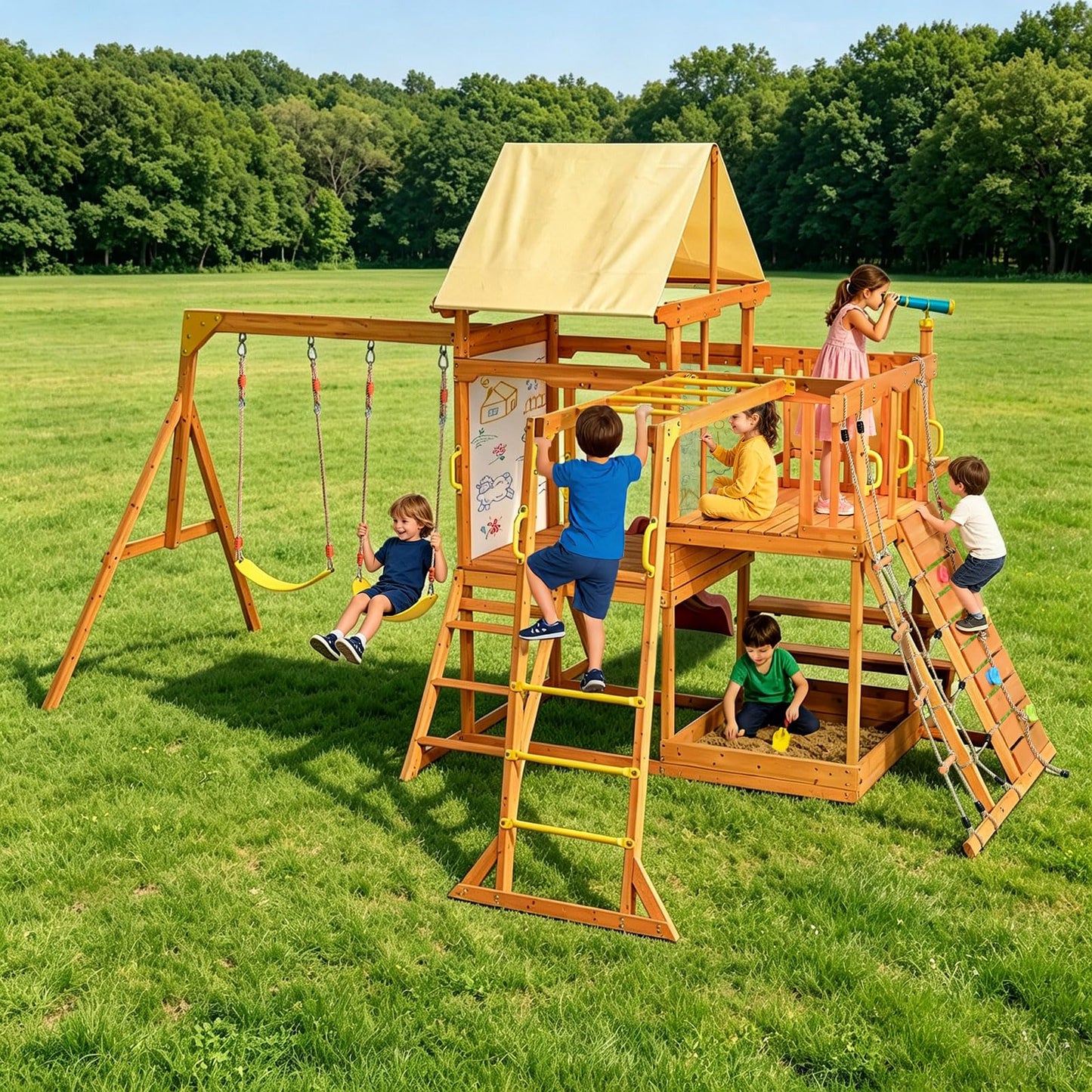 SUNIBOXI Wooden Swing Sets for Backyard, Kids Outdoor Playground Set with Monkey Bars, Slide, Swings, Climbing Ladder, Rock Wall, Picnic Table with Canopy for Ages 3-10