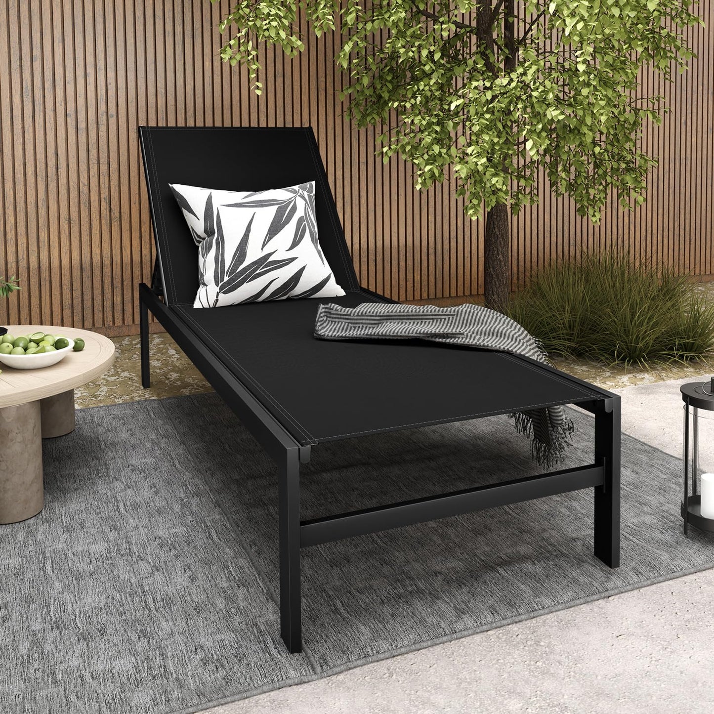 HAPPYGRILL Aluminum Chaise Lounge Chair, Heavy-Duty Patio Recliner W/ 6-Level Backrest & Breathable Fabric, Outdoor Lightweight Reclining Lounge Chair for Backyard, Poolside, Porch (2, Black)