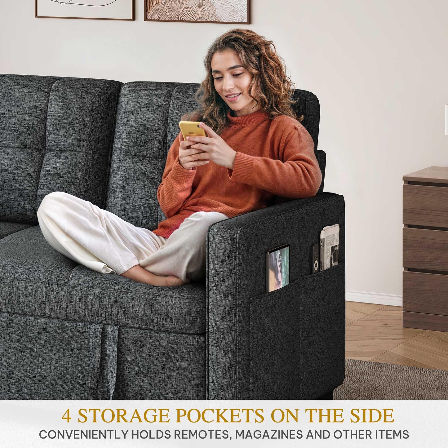 YITAHOME 55" Convertible Sofa Bed, 3-in-1 Sleeper Sofa with Iron Frame Pull-Out Bed, Linen Futon Couch with Reclining Backrest and Side Pocket, Modern Loveseat for Living Room Bedroom Apartment, Grey