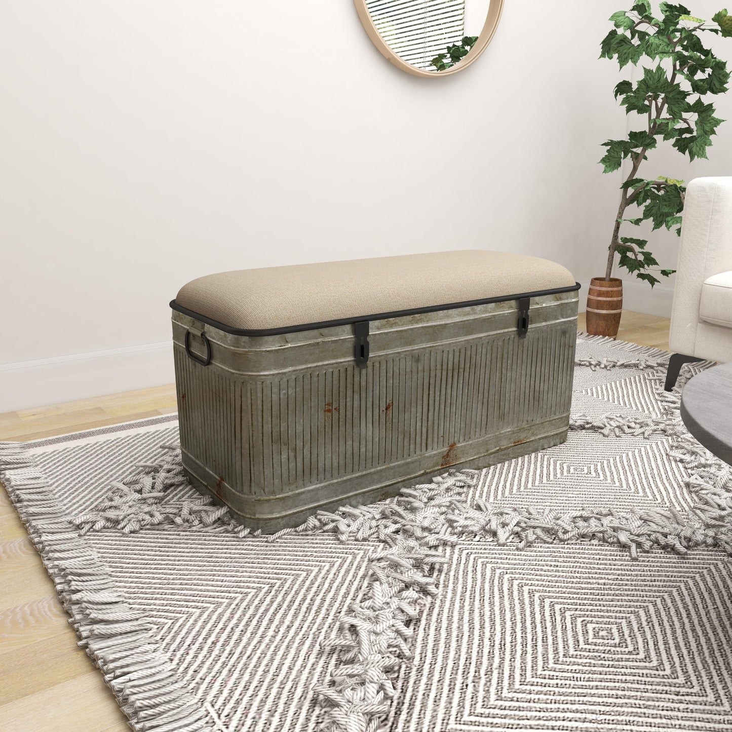 Deco 79 Metal Room Storage Bench Galvanized Entryway Bench with Cream Burlap Top and Black Latches, Bench 38" x 16" x 19", Gray