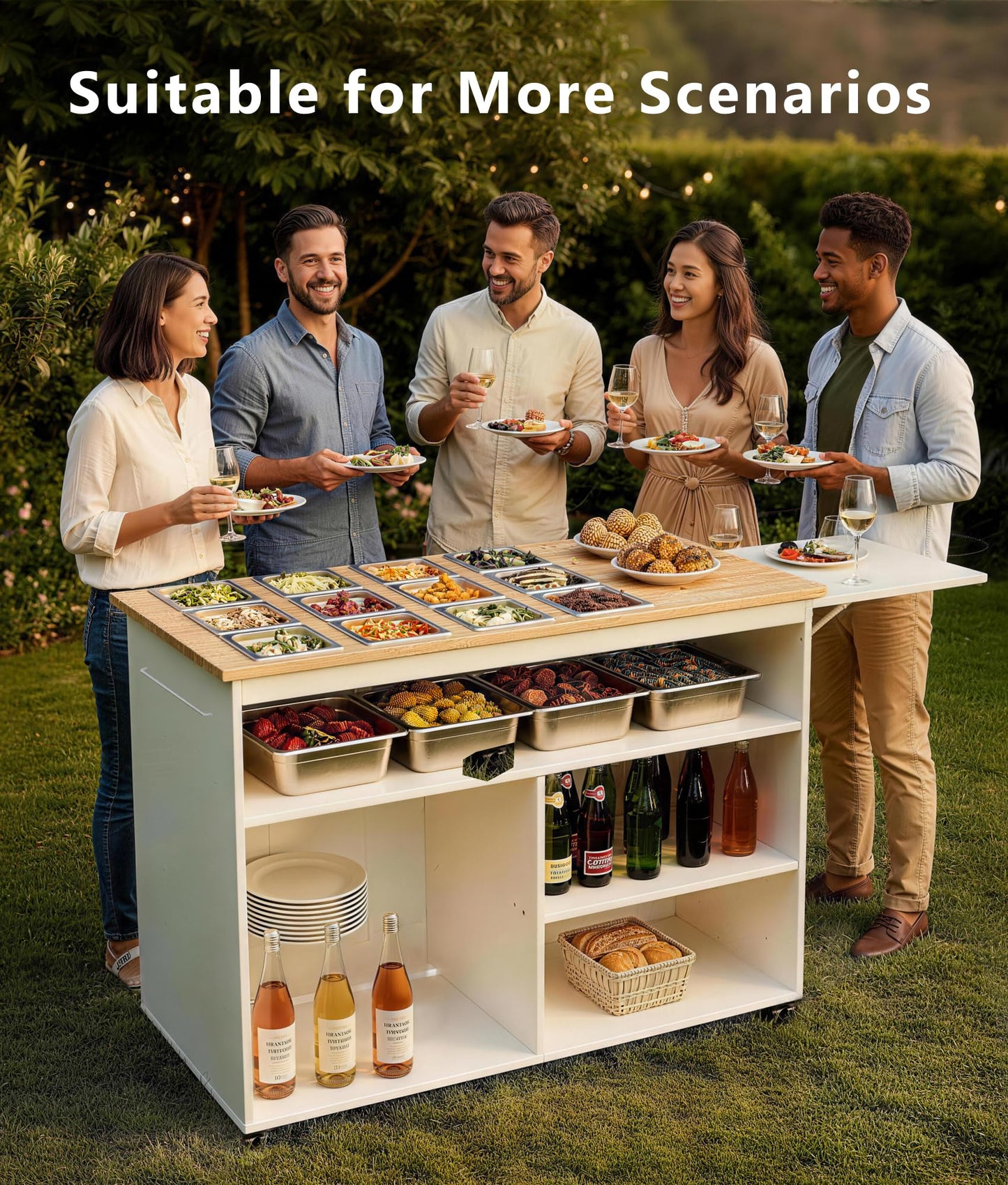 Charcuterie Cart with 12 Stainless Steel Food Pans & Large Storage Space, Mobile Wooden Buffet Cart with Foldable Prep Surface, Pizza Topping & Salad Bar Station, Kitchen Island Includes for Party