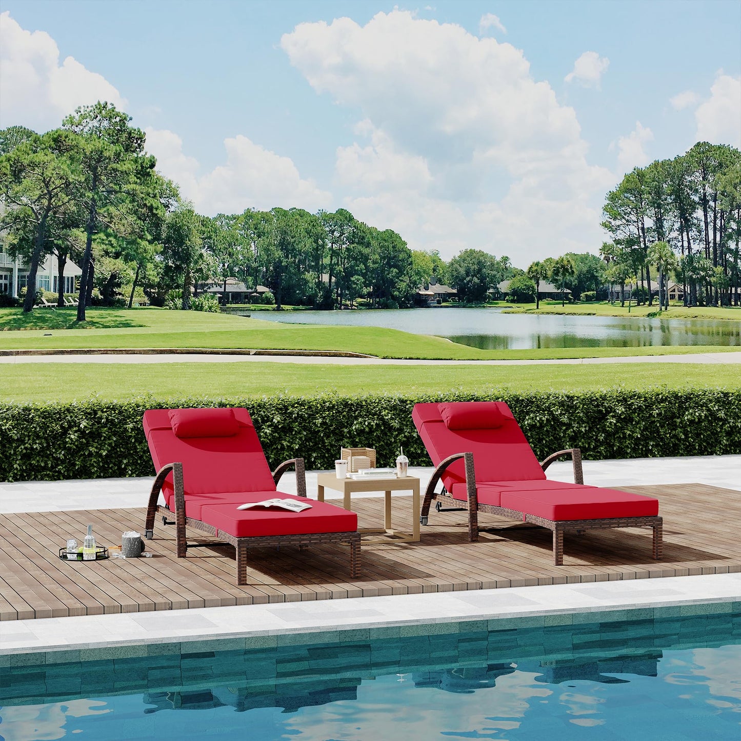 GarveeLife 2-Piece Rattan Patio Folding Chaise Lounge, 5-Position Adjustable Backrest Outdoor Lounge Chair with Cushion and Pillow for Poolside, Backyard, Deck, Porch, Red