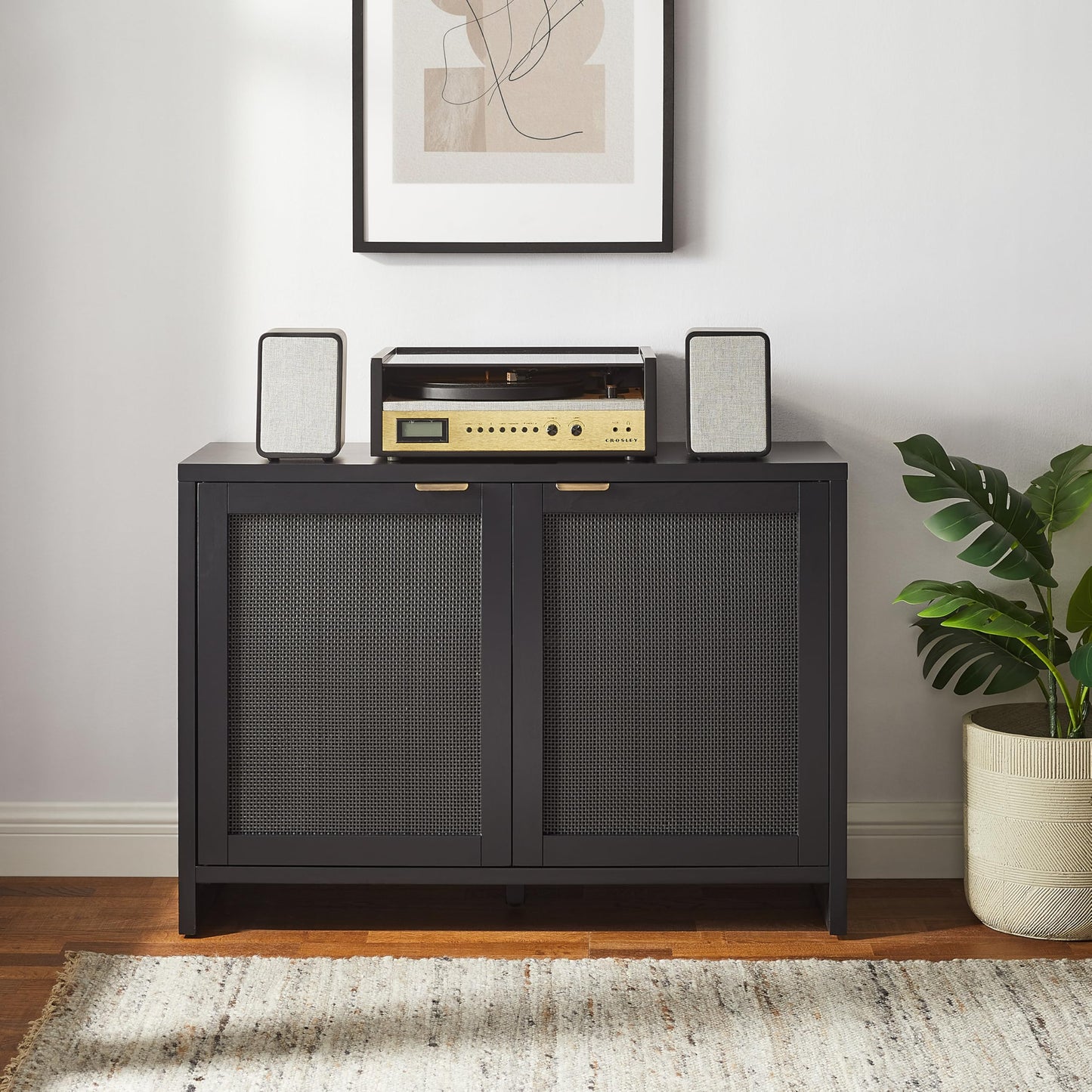 Crosley Furniture Kenji Media Console, Record Player Stand with Vinyl Storage, Modern Home Organizer, Black