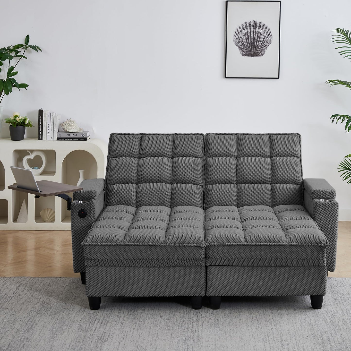 Eafurn Double Chaise Lounge Recliner with Storage, 71" Modern Sleeper Loveseat Sofa Couch with 6-Position Adjustable Split Backrest, Cup Holders and Swivel Tray Table for Living Room