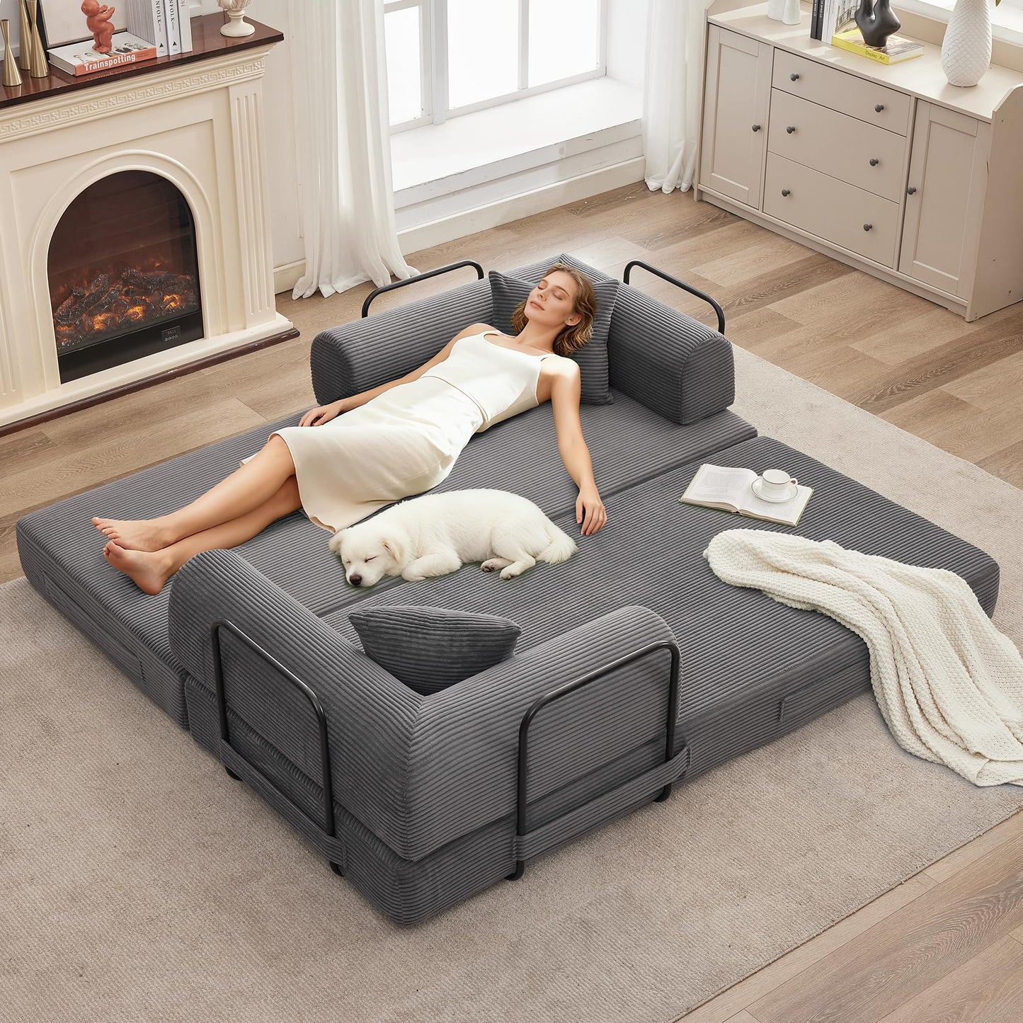 4 in 1 Convertible Sleeper Sofa Bed, 78.7" Boneless Corduroy Floor Couch with Pillows, Folding Futon Loveseat, Deep Seat Pull Out Sofa for Living Room, Apartment, Bedroom, No Assembly Required, Gray