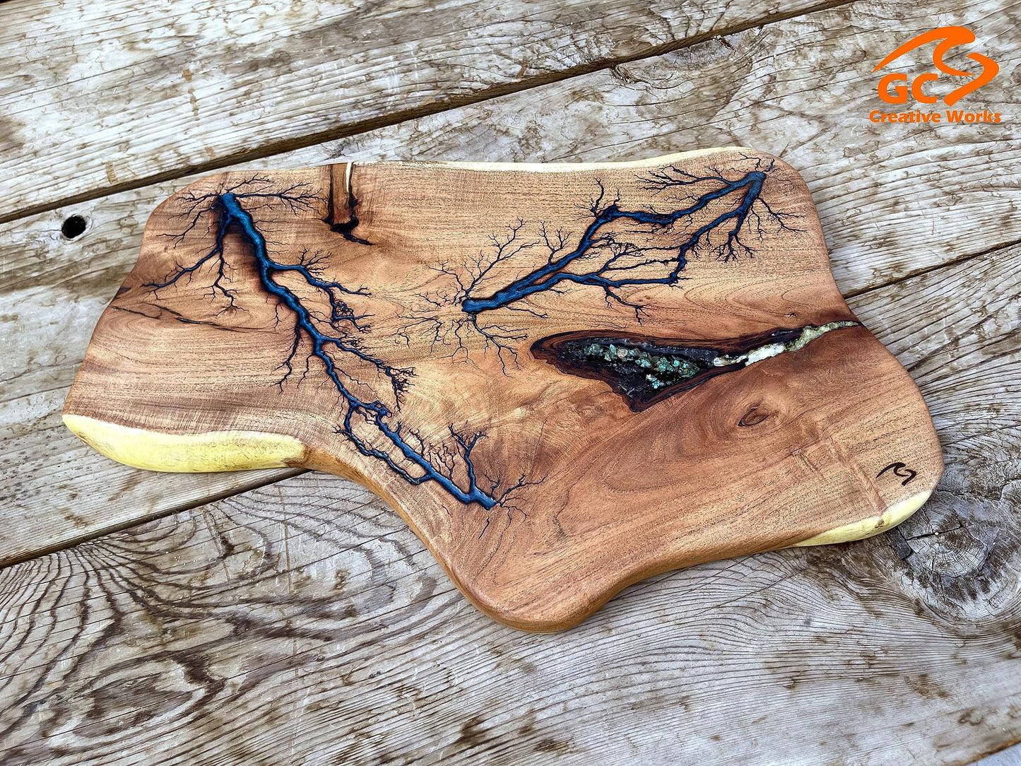 Charcuterie Board Fractal Art Live Edge Mesquite w/Arizona Turquoise Rocks Inlay