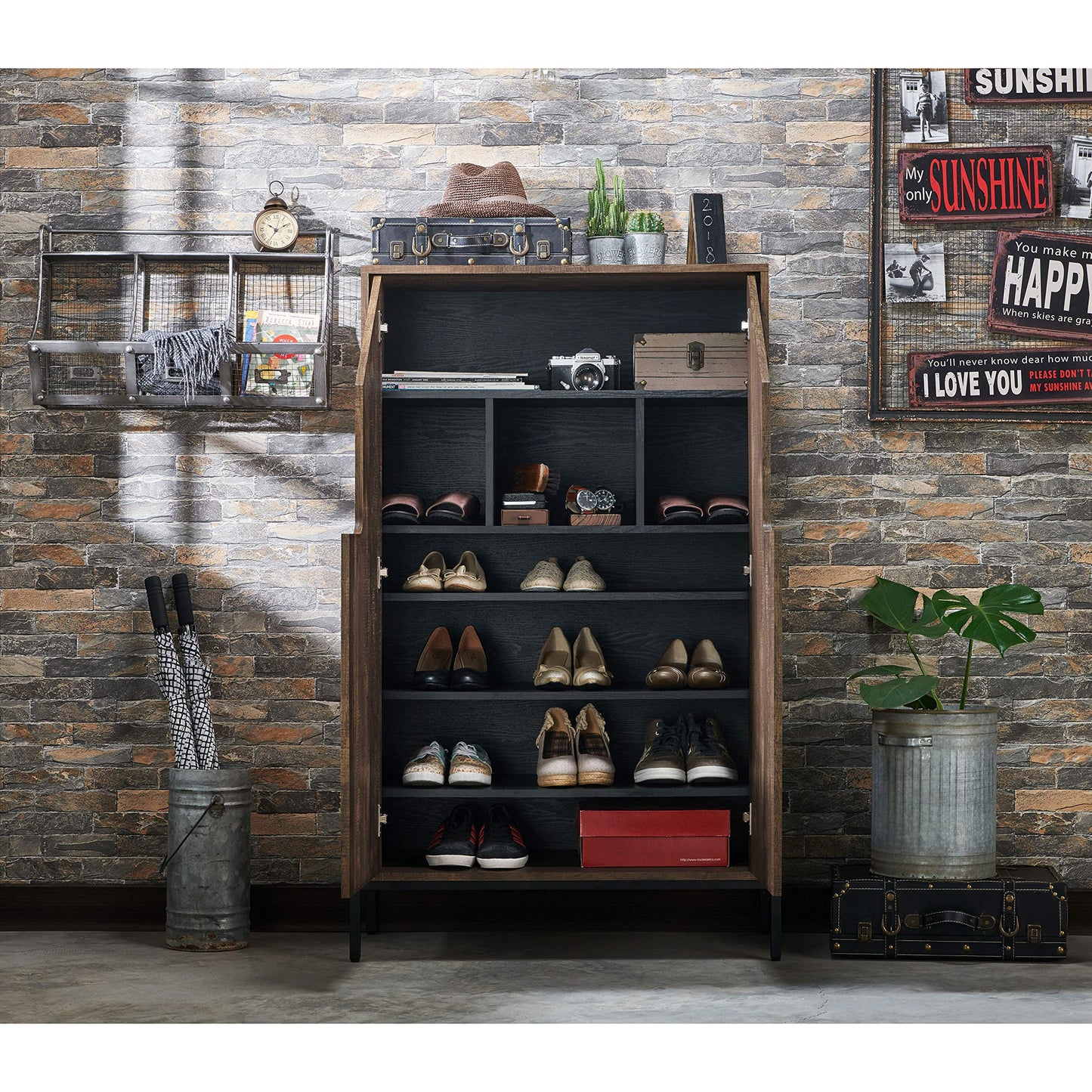 HOMES: Inside + Out Charles Rustic Entryway Shoes Cabinet with 4 Enclosed Shelves, 3 Storage Cubbies and 3 Adjustable Panels, Reclaimed Oak