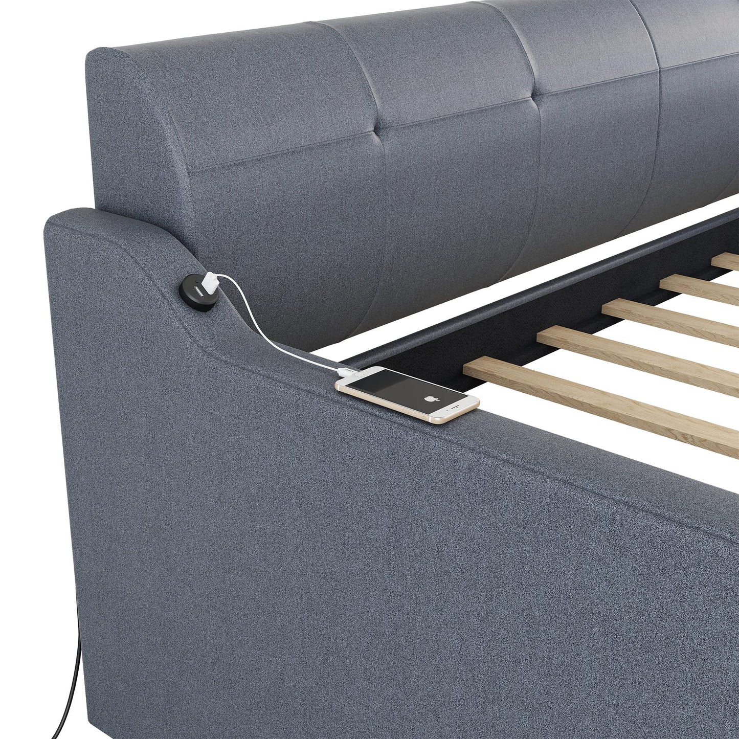 GDFStudio Twin Size Upholstered Daybed with Trundle and USB Charging Port, Pop-Up Trundle Flat or Elevated, Woven Fabric Day Bed Frame with Backrest and Armrests, Gray