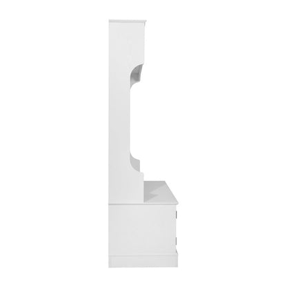 Pemberly Row 40" Wide Hallway Tree with Storage Bench & Cubbies, White Finish, Decorative Backboard Paneling, 4 Double Hooks, Particleboard, Entryway or Mudroom Organizer