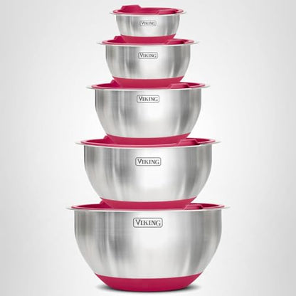 Viking Mixing Bowls Set, 10 Piece Stainless Steel Kitchen Cookware, Non-Slip Silicone Base, Includes Tight Fit Lids, Dishwasher Safe, Red