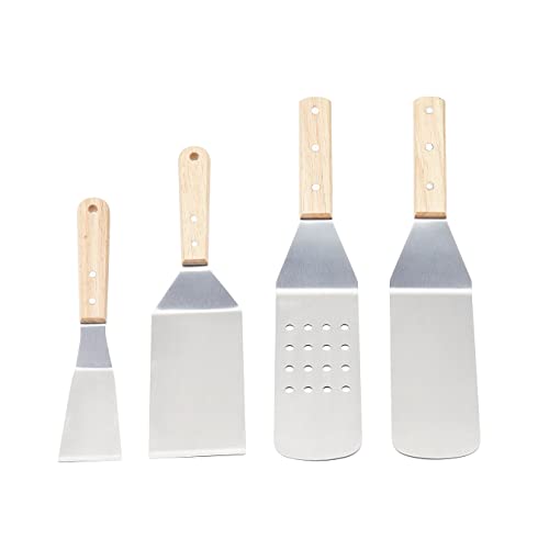 Amazon Basics 4-Piece Stainless Steel BBQ Grilling Tool Set for Outdoor Cooking, Griddle Spatula, Heat Resistant, Dishwasher Safe, Silver
