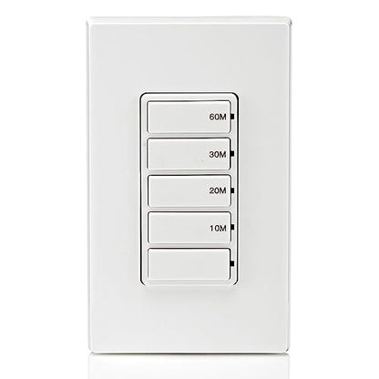 Leviton Countdown Timer Switch for bathroom fan and household lights, 5-10-15-30 min, No Neutral Required, Single Pole, 15A, 1/2 HP/9.8A Fan/Motor, DT130-1LW, White