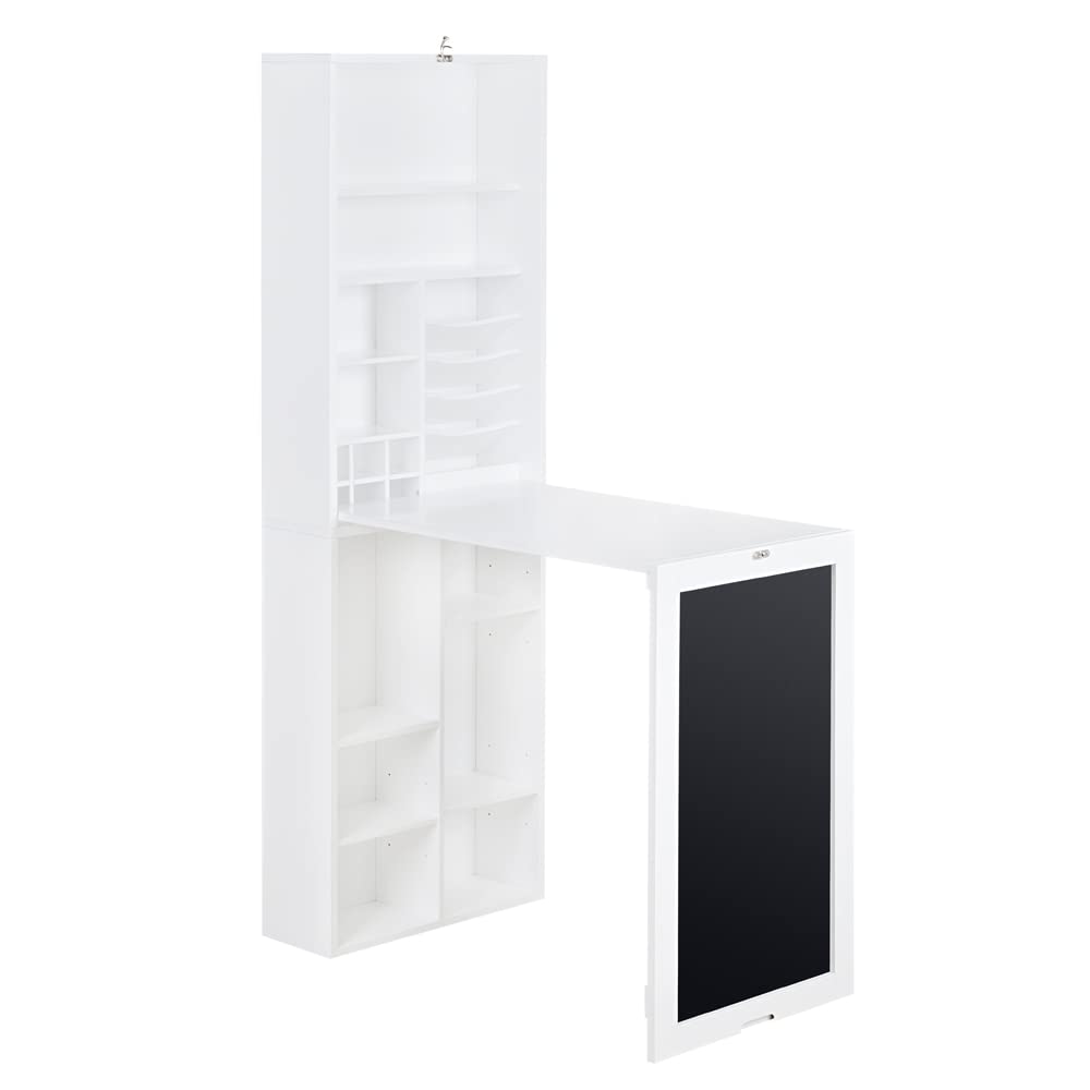 Utopia Alley Collapsible Fold Down Desk Table | Chalkboard Wall with Storage Cabinet & Bottom Shelves, Multipurpose Foldable Desk for Home, Office, Crafting, and More (White)