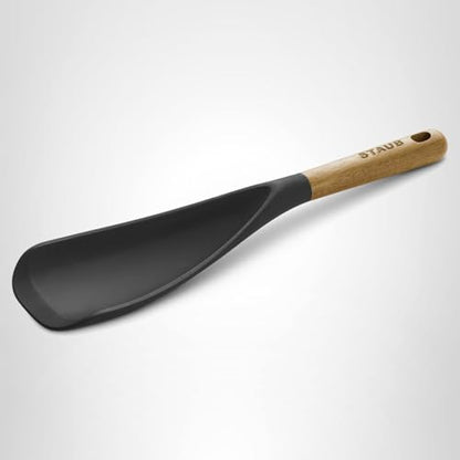 STAUB Multifunction Spatula Spoon, Great for Both Cooking and Serving Durable BPA-Free Matte Black Silicone, Acacia Wood Handles, Safe for Nonstick Cooking Surfaces