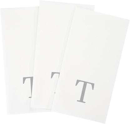 15.8 7.9 Inch 50 Luxenap X Linen-Feel Guest Towels, Lettered Hand Towels - Silver Letter 'T', Sans Serif Font, White