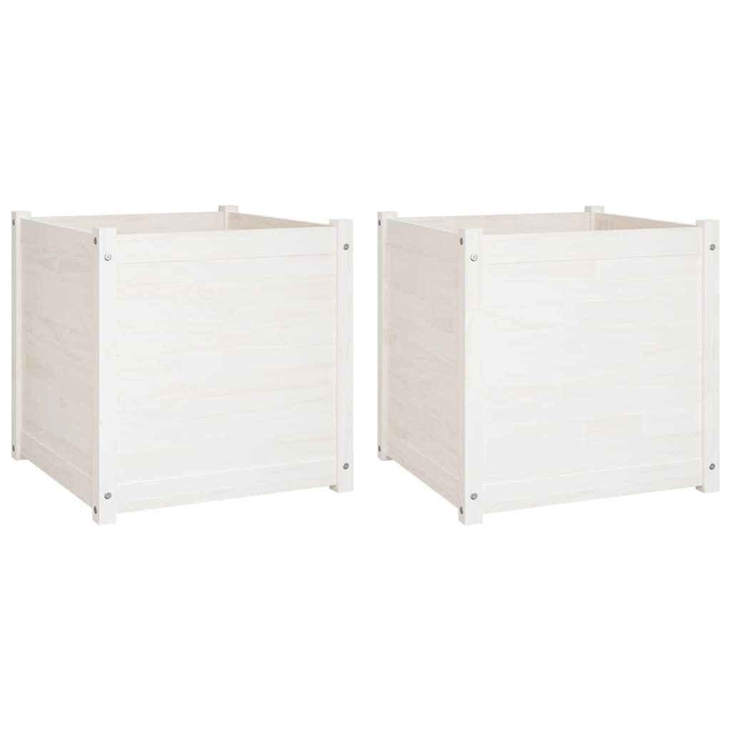 Foknhdi 2 Pack 23.6 in White Square Solid Pine Wood Large Planter Box, Raised Garden Bed Outdoor with Drainage Holes, Minimalist Patio Herb Flower Pot for Balcony, Yard and Garden