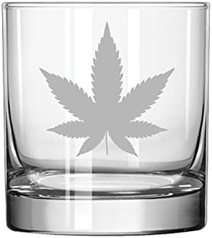 Rocks Whiskey Old Fashioned Glass with Cannabis Marijuana Pot Leaf Design
