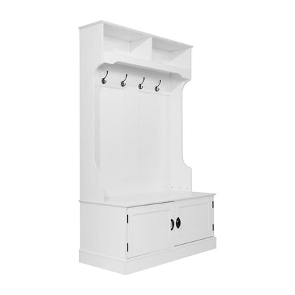 Pemberly Row 40" Wide Hallway Tree with Storage Bench & Cubbies, White Finish, Decorative Backboard Paneling, 4 Double Hooks, Particleboard, Entryway or Mudroom Organizer