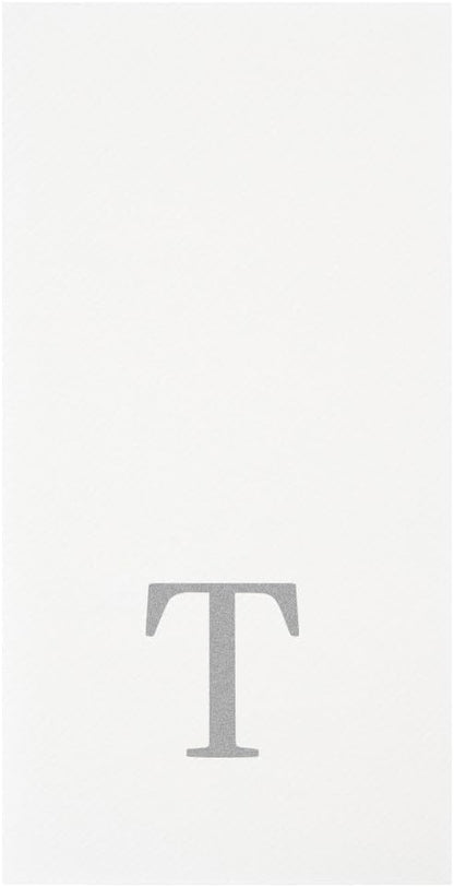 15.8 7.9 Inch 50 Luxenap X Linen-Feel Guest Towels, Lettered Hand Towels - Silver Letter 'T', Sans Serif Font, White
