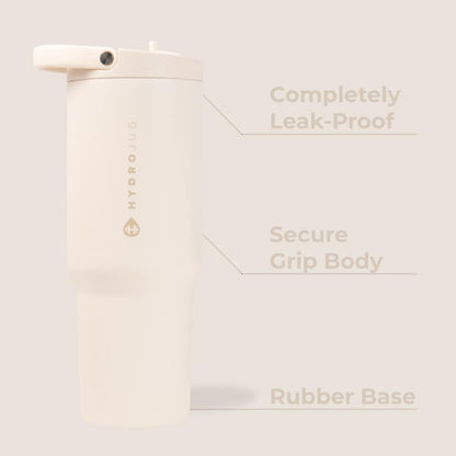HydroJug Sport - Stainless Steel Tumbler with Straw, Vacuum Insulated, 32oz Leakproof Water Bottle, Ergonomic Design, Reusable, Dishwasher Safe, Rubber Base, Durable for Gym or Outdoors, Cream