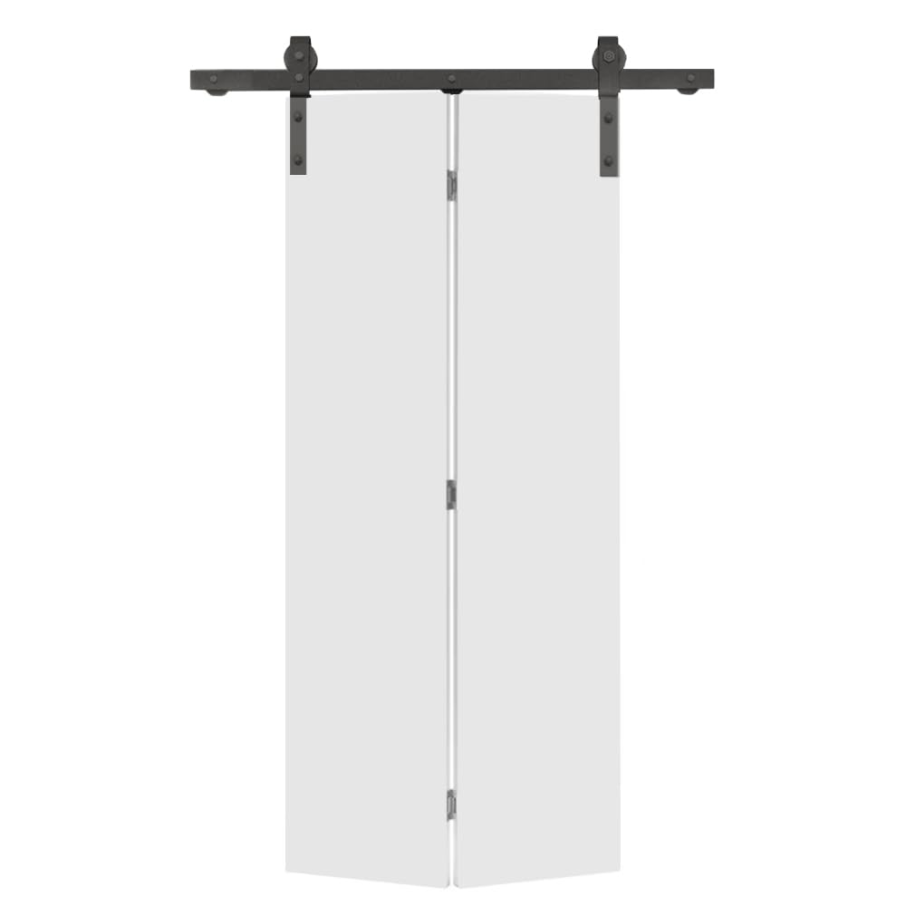 24 in. x 80 in. Primed White Smooth Flush Hardboard Hollow Core Composite Bi-Fold Barn Door with Sliding Hardware Kit