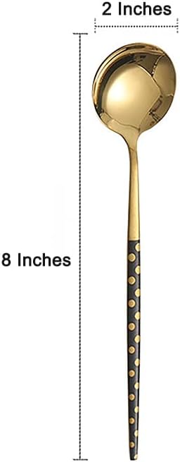 Set of 4 Stainless Steel Soup Spoons, Korean Dessert Spoons, Black Polka Dot Mixed Color, 8 Inches