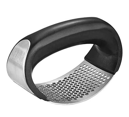Angel's Peel Lounge Stainless Steel Garlic Press Rocker Set with Silicone Garlic Peeler & Cleaning Brush – Garlic Chopper, Mincer, Grater, Crusher – Easy for Crushed Cloves – Rust-Resistant, Black