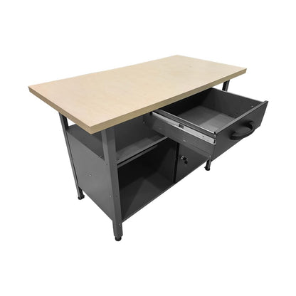 JZD Metal Workbench Table with Drawer & Lockable Cabinet, Office Desk with Wood Worktop for Garage Factory Workshop Home