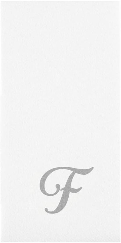 15.8 7.9 Inch 50 Luxenap X Linen-Feel Guest Towels, Lettered Hand Towels - Silver Letter 'F', Cursive Font, White Paper