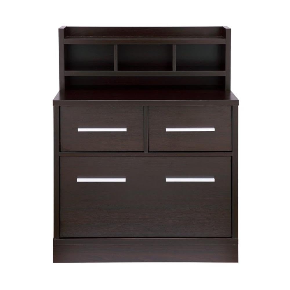 BOWERY HILL File Cabinet, 3-Drawer Storage and Hutch, MDF and Veneer, Cappuccino Finish, 32" W x 16" D x 40" H, Contemporary Style, Sturdy Office Filing and Storage Solution