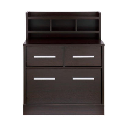 BOWERY HILL File Cabinet, 3-Drawer Storage and Hutch, MDF and Veneer, Cappuccino Finish, 32" W x 16" D x 40" H, Contemporary Style, Sturdy Office Filing and Storage Solution