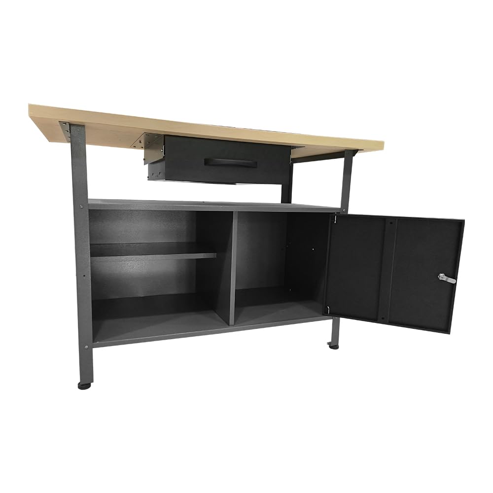 JZD Metal Workbench Table with Drawer & Lockable Cabinet, Office Desk with Wood Worktop for Garage Factory Workshop Home