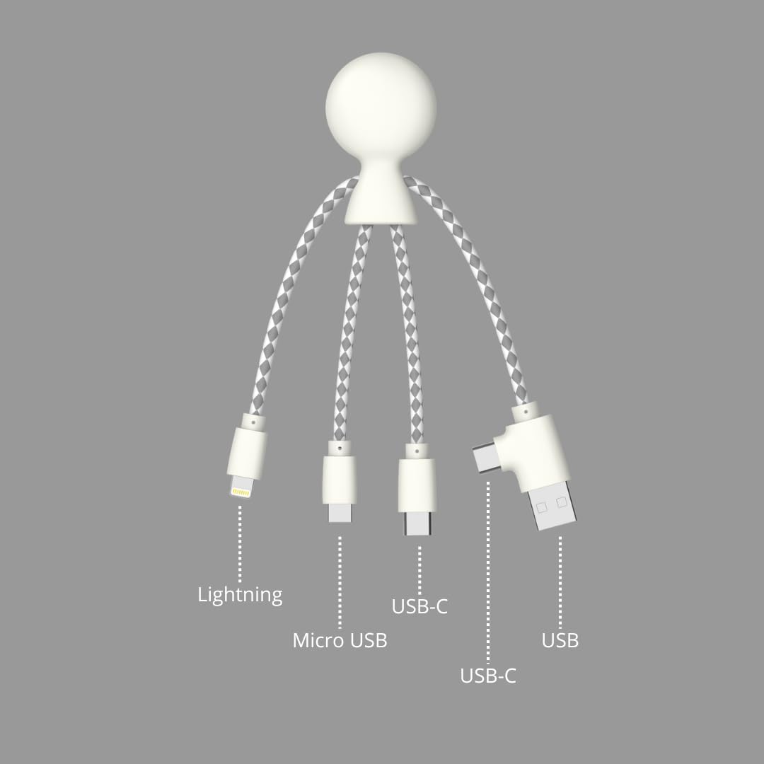 Xoopar Multi USB Cable 4 in 1 - Universal Charger Made from Recycled Plastic - USB, USB-C, Lighting, Micro USB Ports - Compatible with All Smartphones Mr Bio White Octopus