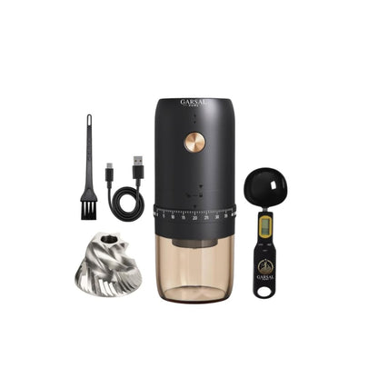 Garsal home. Electric Burr Coffee Grinder with 40 Grind Settings, Stainless Steel Conical Blades, Digital Measuring Spoon, USB-C Rechargeable Battery.