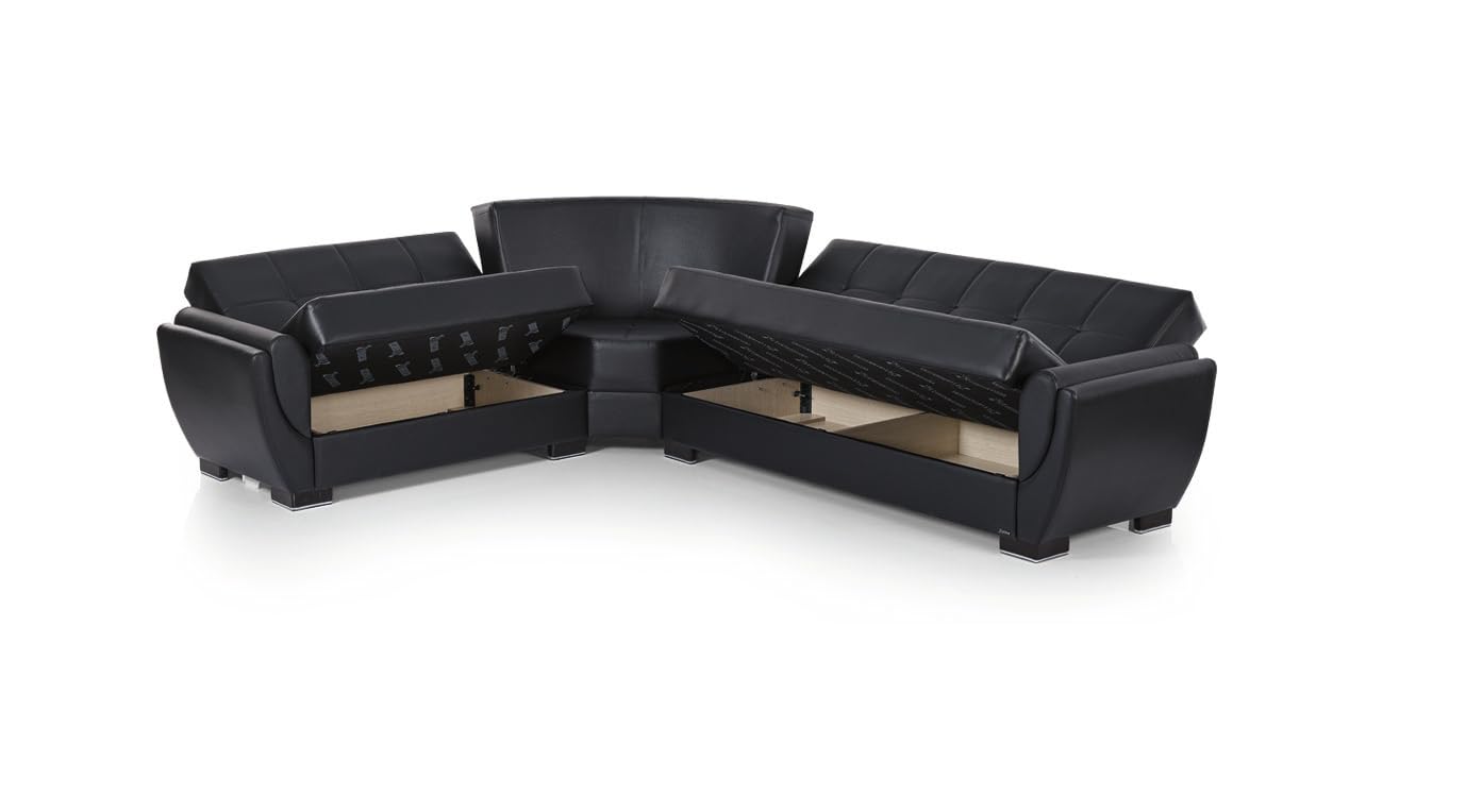 Ottomanson Convertible Sectional Sofa Bed with Hidden Storage & Click-Clack Sit-to-Sleep Sleeper Conversion – Rounded Arm, Firm Support L-Shaped Corner Couch Bed for Living Room & Guest Room, Black