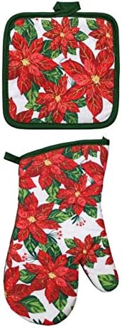 Poinsettia 5 Piece Christmas Kitchen Linen Bundle with 2 Dish Towels, 2 Potholders, and 1 Oven Mitt