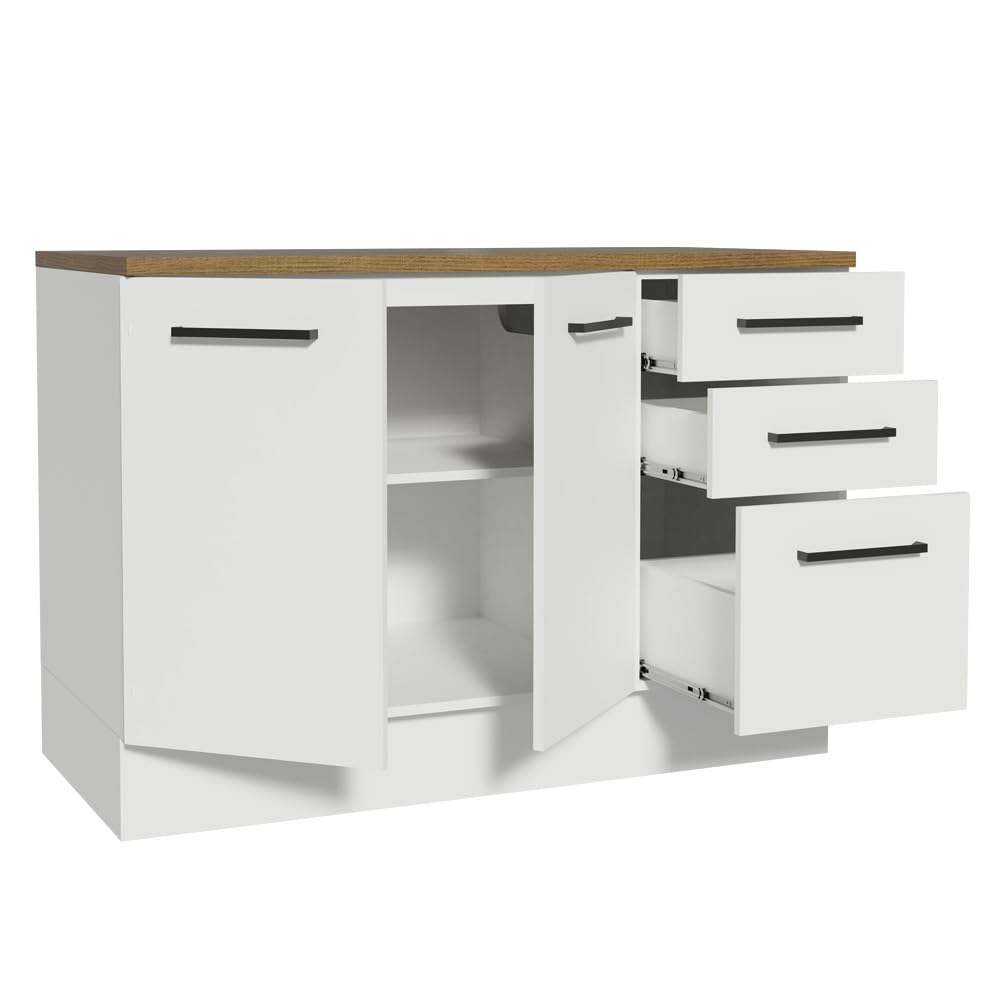 Madesa Hazel Kitchen Storage Buffet Base Cabinet with Adjustable Feet 47 Inch Engineered Wood Slab Doors Painted Finish Floor Mount Removable Plinth - White