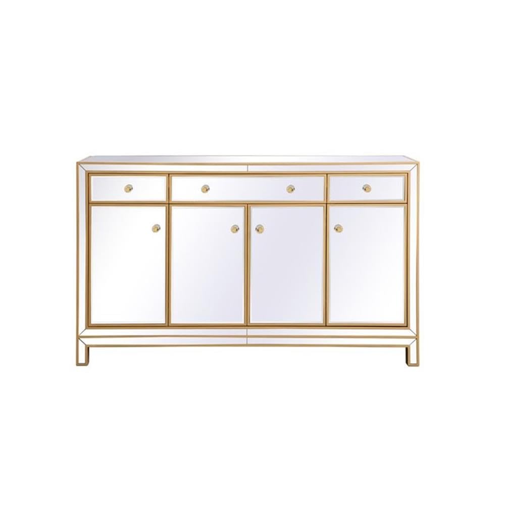 Pemberly Row Modern 60" Metal and MDF Mirrored Credenza, Gold Finish, 4 Doors, 3 Shelves, Rectangle Shape, Soft Closing Hand-Painted Storage Cabinet for Living Room, Dining Room, or Entryway Use